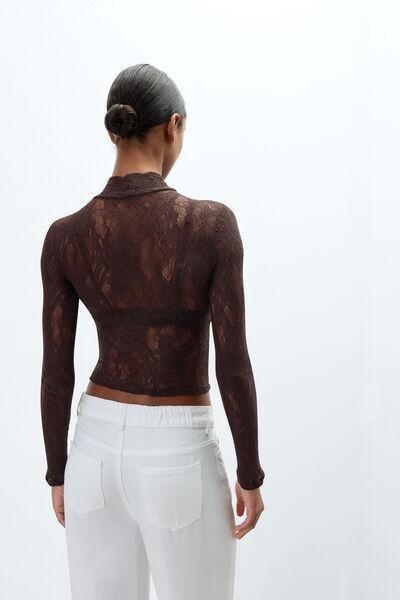 Brown Long-Sleeved Stretch Lace Crop Top, 5601_705J, medium