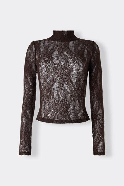 Brown Long-Sleeved Stretch Lace Crop Top, 5601_705J, large image number 3
