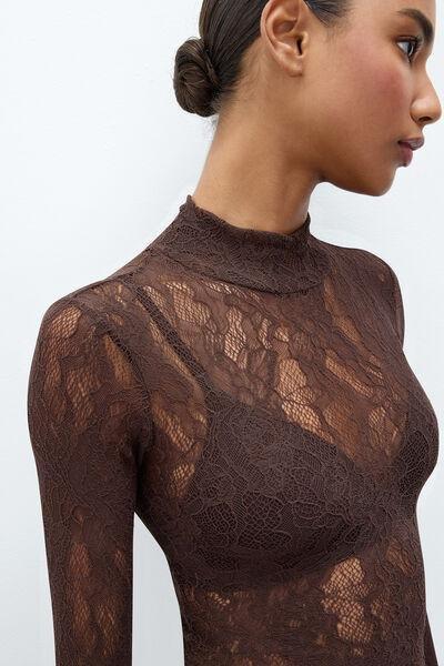 Brown Long-Sleeved Stretch Lace Crop Top, 5601_705J, large image number 4
