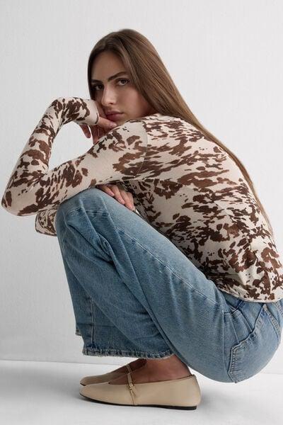 Brown Long-Sleeved Animal Print Cashmere Top, 5601_188K, large image number 0