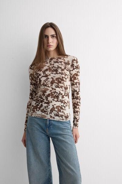 Brown Long-Sleeved Animal Print Cashmere Top, 5601_188K, large image number 1