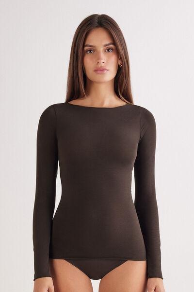Brown Boat-Neck Ultralight Cotton Top, , large image number 0