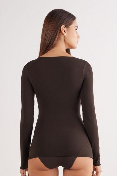 Brown Boat-Neck Ultralight Cotton Top, , large image number 3