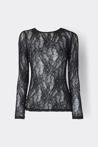 Black Long-Sleeved Stretch Lace Top, Black, large image number 0
