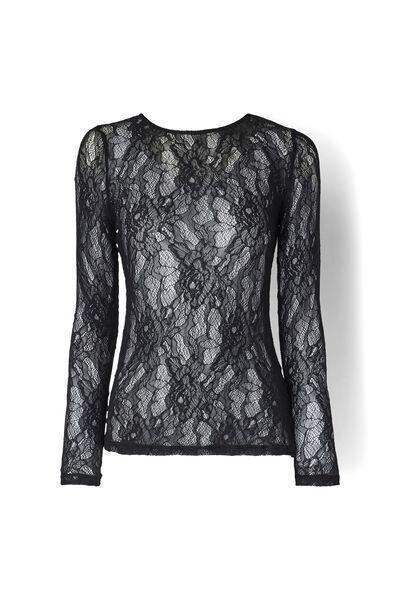 Black Long-Sleeved Stretch Lace Top, Black, large image number 1