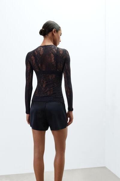 Black Long-Sleeved Stretch Lace Top, Black, large image number 2
