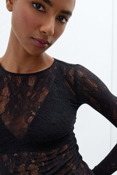 Black Long-Sleeved Stretch Lace Top, Black, large image number 4