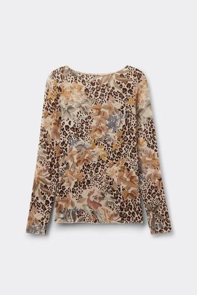 Brown Long-Sleeved Animal Print Cashmere Top, 5601_071K, large image number 3