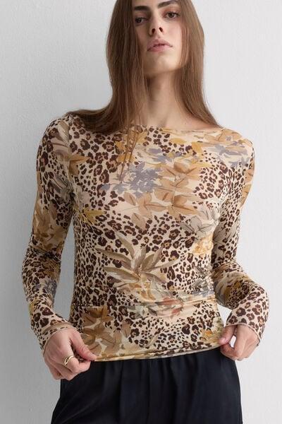 Brown Long-Sleeved Animal Print Cashmere Top, 5601_071K, large image number 5