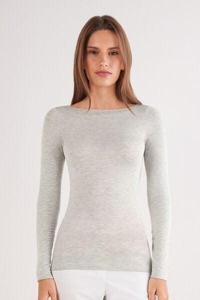 Grey Boat Neck Modal Cashmere Ultralight Blouse, , large image number 0