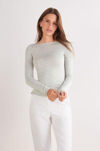 Grey Boat Neck Modal Cashmere Ultralight Blouse, , large image number 1