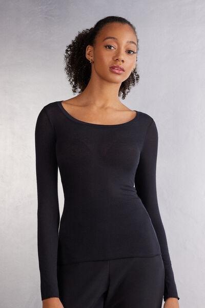 Black Long-Sleeved Scoop-Neck Top, , medium
