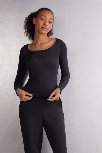 Black Long-Sleeved Scoop-Neck Top, , large image number 2