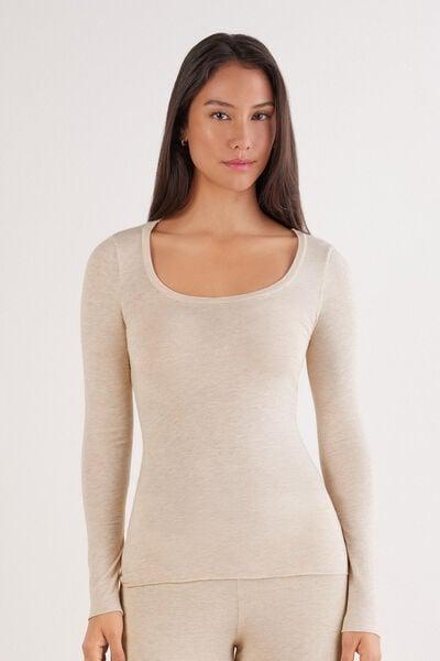 Beige Long-Sleeved Scoop-Neck Top, 5601_036K, large image number 1