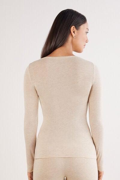 Beige Long-Sleeved Scoop-Neck Top, 5601_036K, large image number 2