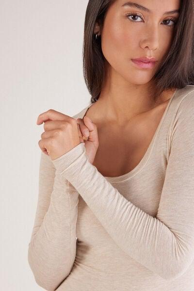 Beige Long-Sleeved Scoop-Neck Top, 5601_036K, large image number 5