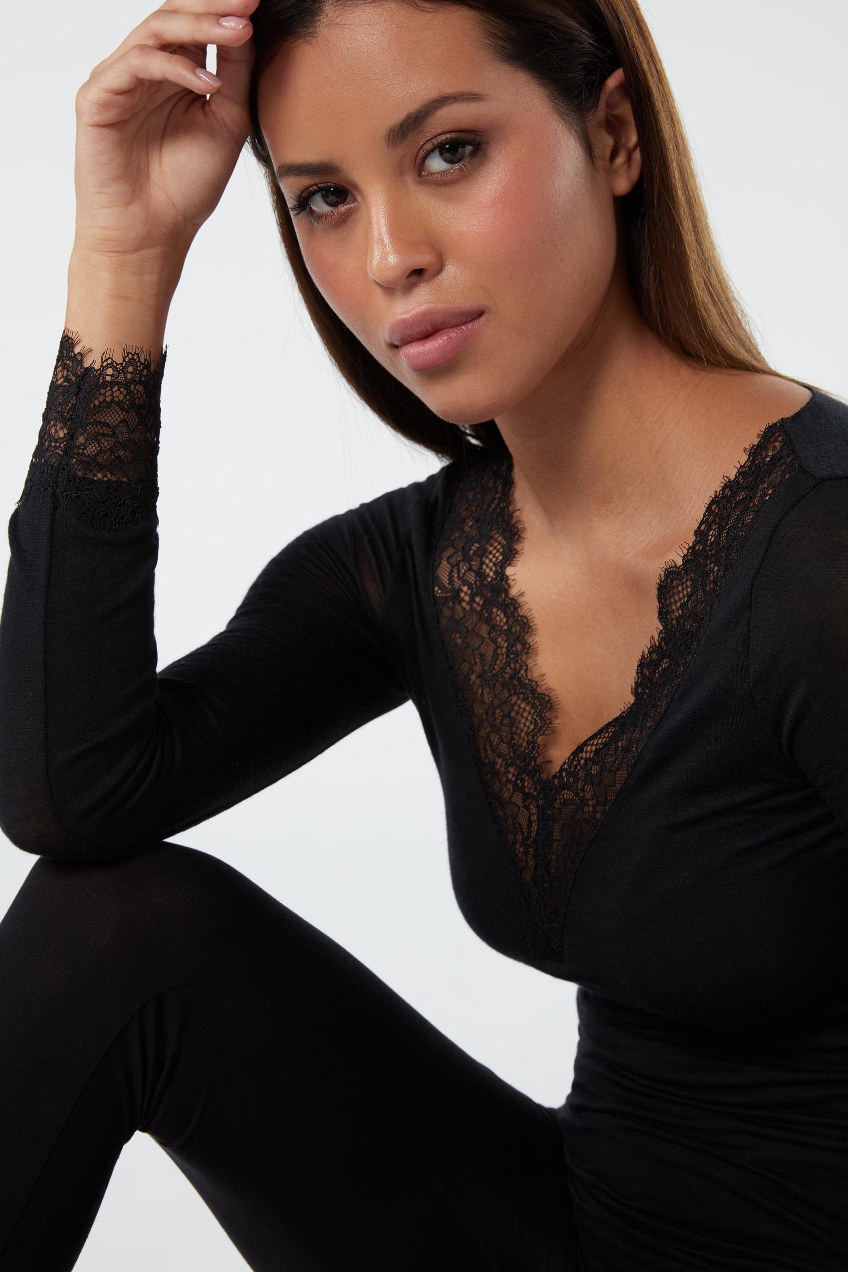 Black Modal Cashmere Ultralight Long Lace Shirt, , large image number 0