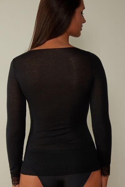 Intimissimi - Black Modal Cashmere Ultralight Long Lace Shirt