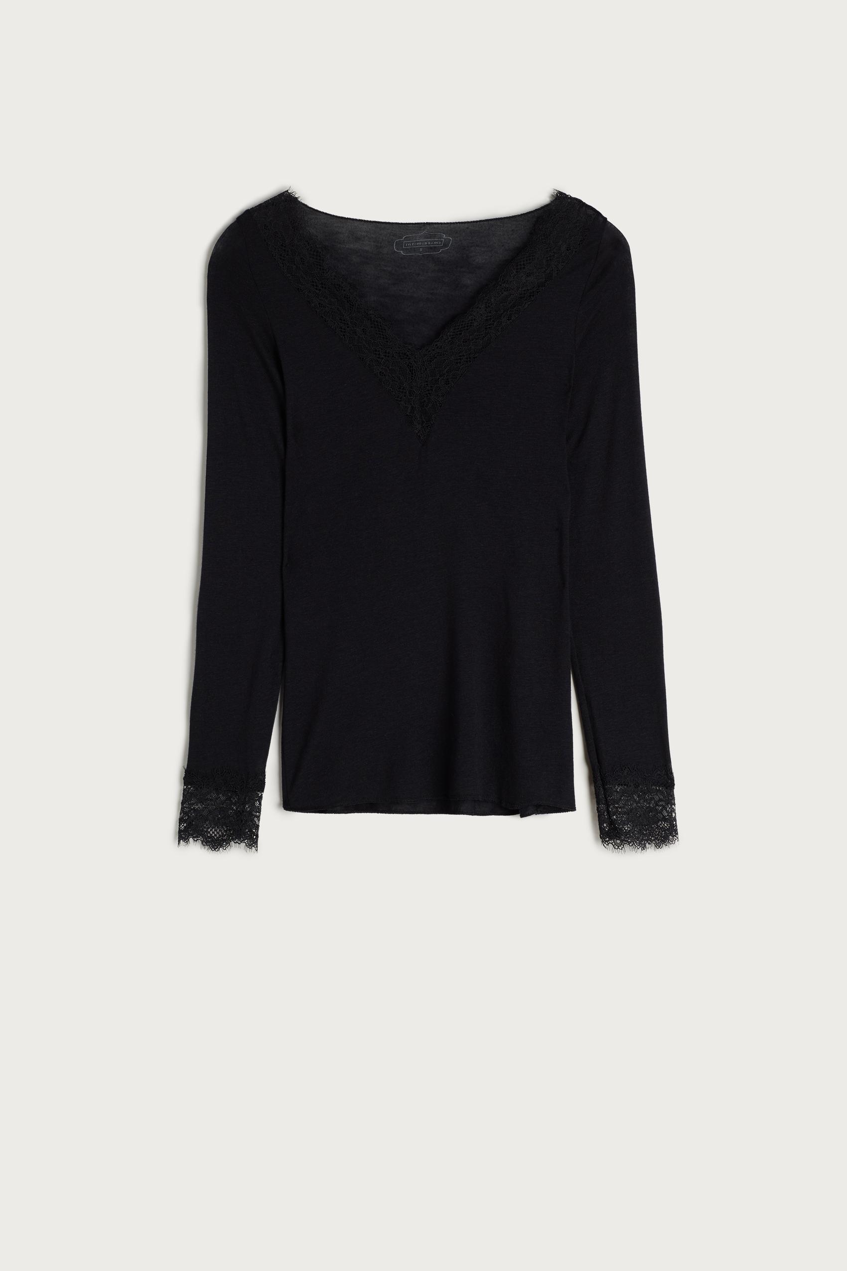 Black Modal Cashmere Ultralight Long Lace Shirt, , large image number 8