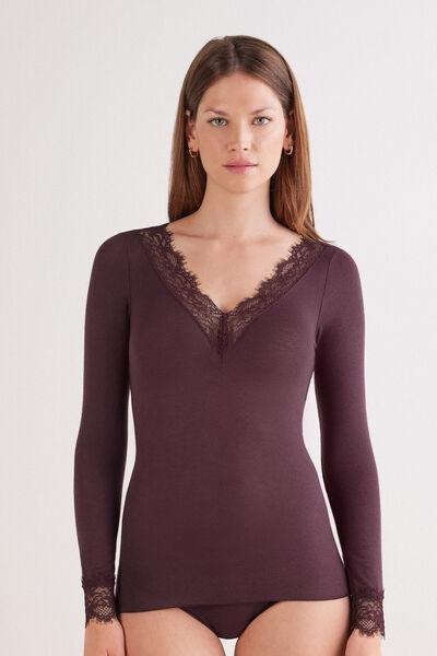 Burgundy Modal Cashmere Ultralight Long Lace Top, 5601_028K, large image number 0