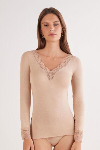 Beige Modal Cashmere Ultralight Long Lace Shirt, Soft Beige, large image number 0