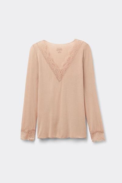 Beige Modal Cashmere Ultralight Long Lace Shirt, Soft Beige, large image number 2