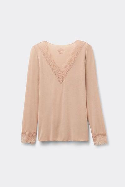 Beige Modal Cashmere Ultralight Long Lace Shirt, Soft Beige, large image number 6