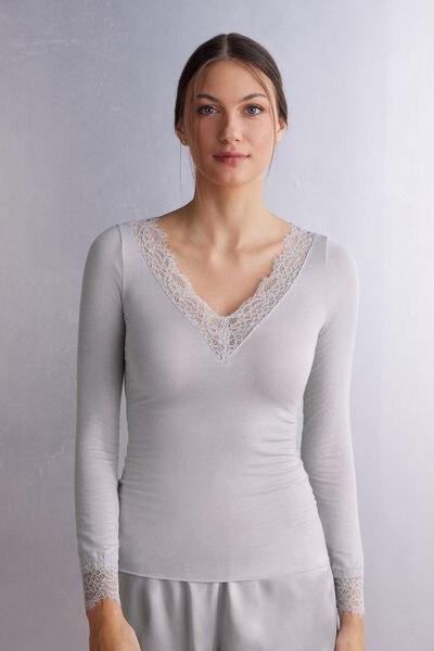 Grey Lace-Trimmed Long-Sleeved Top, , large image number 0