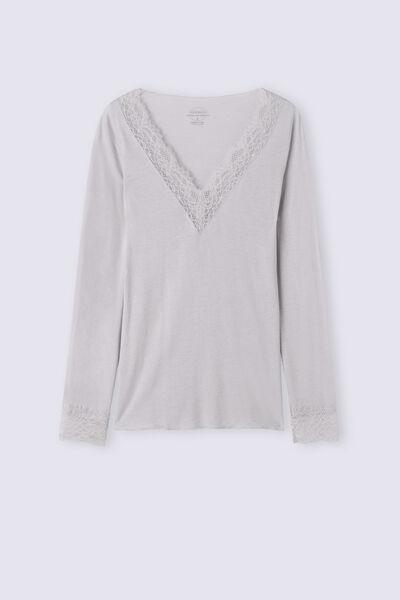 Grey Lace-Trimmed Long-Sleeved Top, , large image number 2