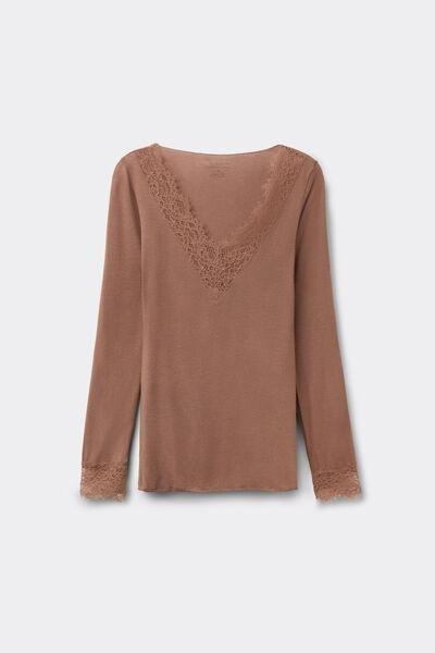 CARAMEL Modal Cashmere Ultralight Long Lace Shirt, Brown Mocha, large image number 3