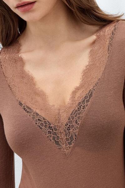 CARAMEL Modal Cashmere Ultralight Long Lace Shirt, Brown Mocha, large image number 5