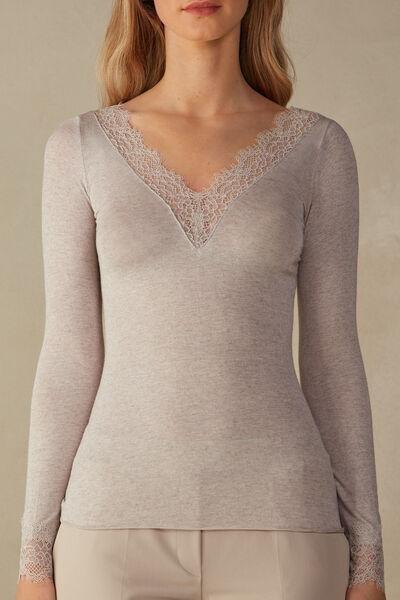 Beige Lace-Trimmed Long-Sleeved Top, , large image number 0
