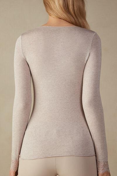 Beige Lace-Trimmed Long-Sleeved Top, , large image number 2