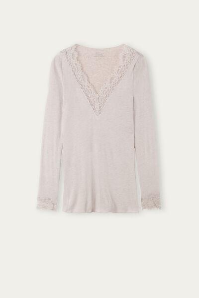 Beige Lace-Trimmed Long-Sleeved Top, , large image number 4