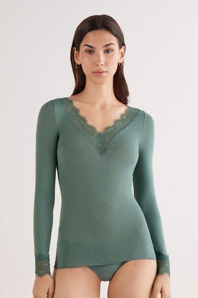 Green Modal Cashmere Ultralight Long Lace Shirt, 5601_941J, large image number 3