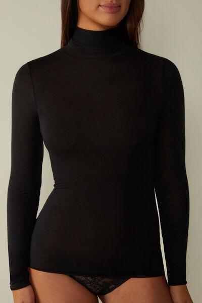 Black Modal Cashmere Ultralight High-Neck Top, , large image number 0
