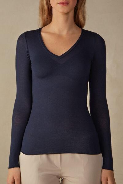 Navy Long-Sleeved V-Neck Top, , medium