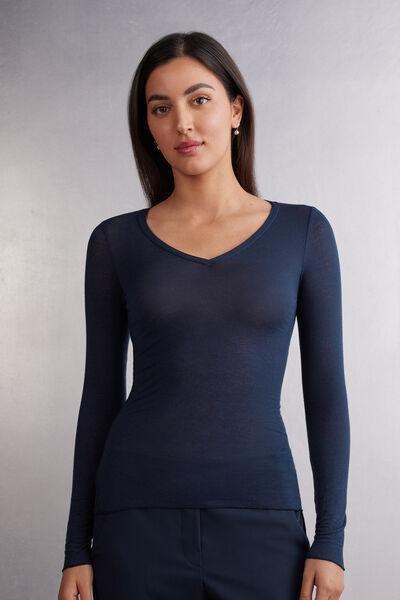 Navy Long-Sleeved V-Neck Top, , large image number 1