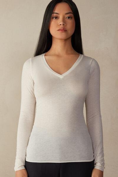 White Long-Sleeved V-Neck Top, , medium