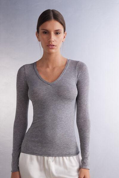 Grey V-Neck Shirt Made Of Modal Ultralight With Cashmere, , medium