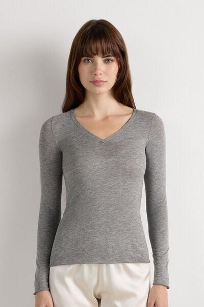 Grey V-Neck Long Sleeve Cashmere Shirt, 5601_456J, medium