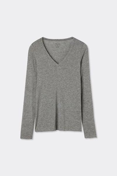 Grey V-Neck Long Sleeve Cashmere Shirt, 5601_456J, large image number 3