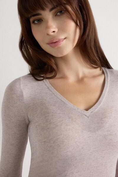 Grey Long-Sleeved V-Neck Top, Shell Beige Blend, large image number 6