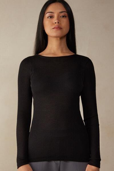 Black Ribbed Long-Sleeved Sweater, , large image number 0