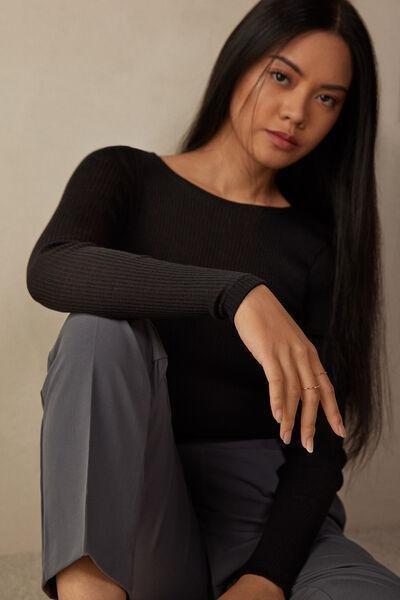 Black Ribbed Long-Sleeved Sweater, , large image number 1