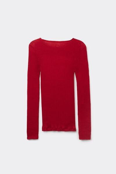Red Silk Long-Sleeved Crew-Neck Max Top, Red, large image number 1