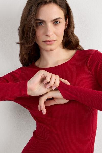 Red Silk Long-Sleeved Crew-Neck Max Top, Red, large image number 3