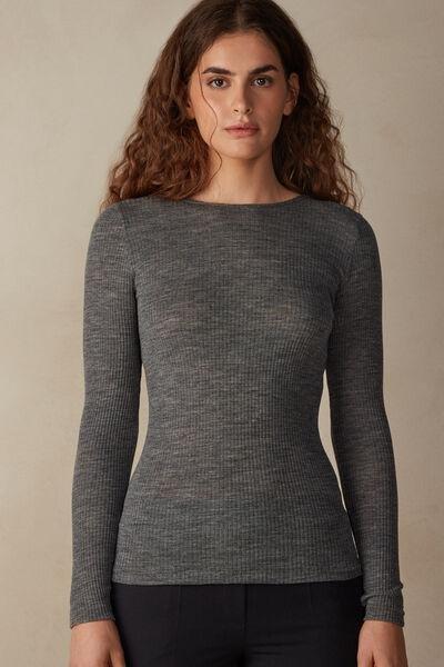 Grey Ribbed Long-Sleeved Sweater, , medium