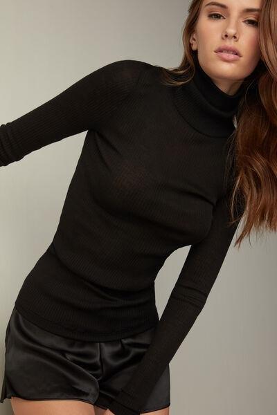 Black Long-Sleeve High-Neck Tubular Top In Silk, , large image number 2