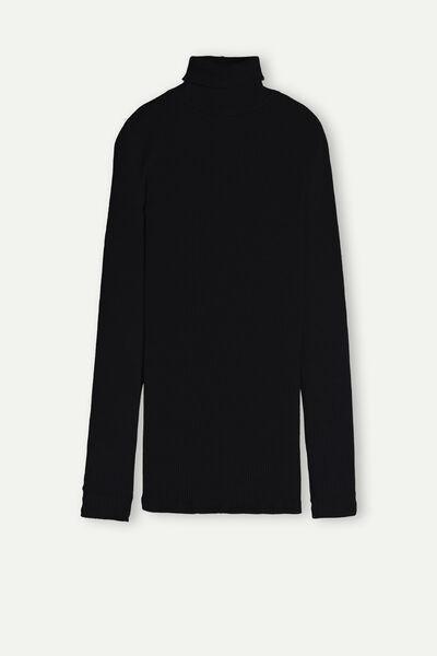 Black Long-Sleeve High-Neck Tubular Top In Silk, , large image number 3